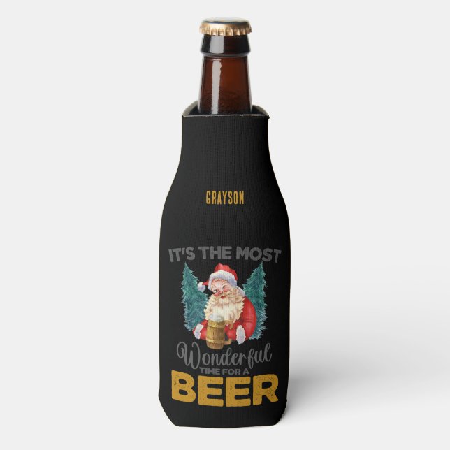 Funny Christmas Wonderful Time for a Beer Name Bottle Cooler (Bottle Front)