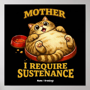 Funny Chubby Cat “I Require Sustenance" Cute Poster