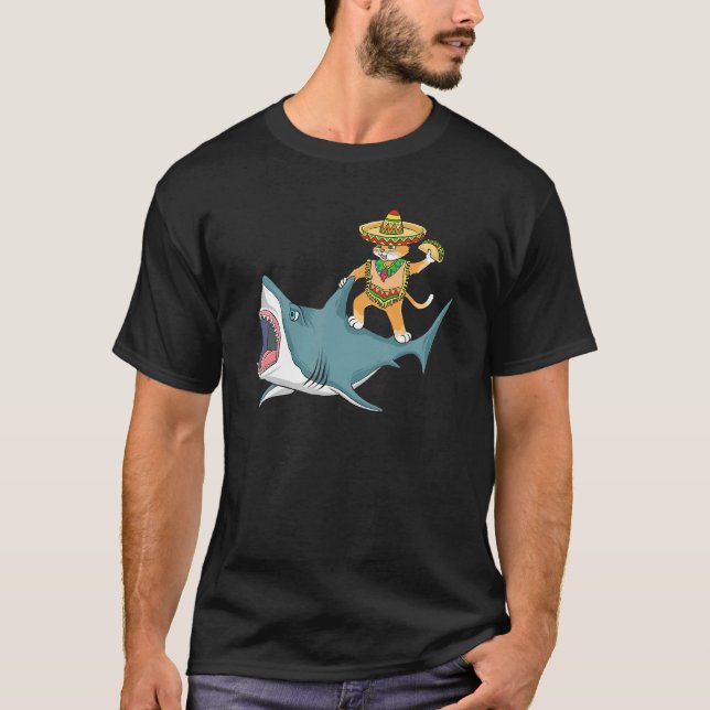 Funny Cinco De Mayo Ca - Cat Riding a Shark T-Shirt (Front)