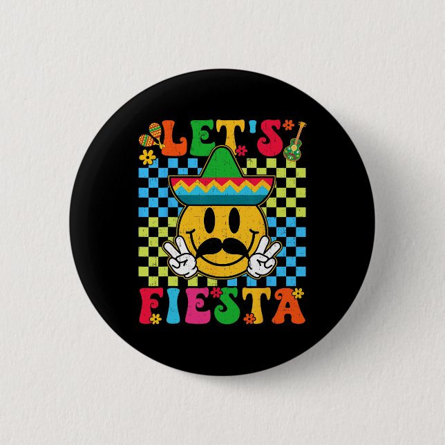 Funny Cinco De Mayo Chequered Let's Fiesta Smile M 2 Inch Round Button (Front)