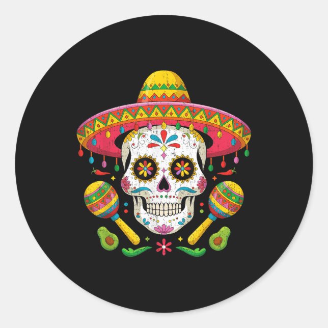 Funny Cinco De Mayo Funny Skull With Sombrero Hat  Classic Round Sticker (Front)