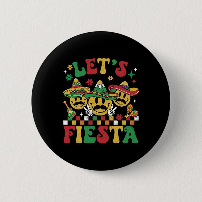 Funny Cinco De Mayo Groovy Let's Fiesta Smile Men  2 Inch Round Button (Front)