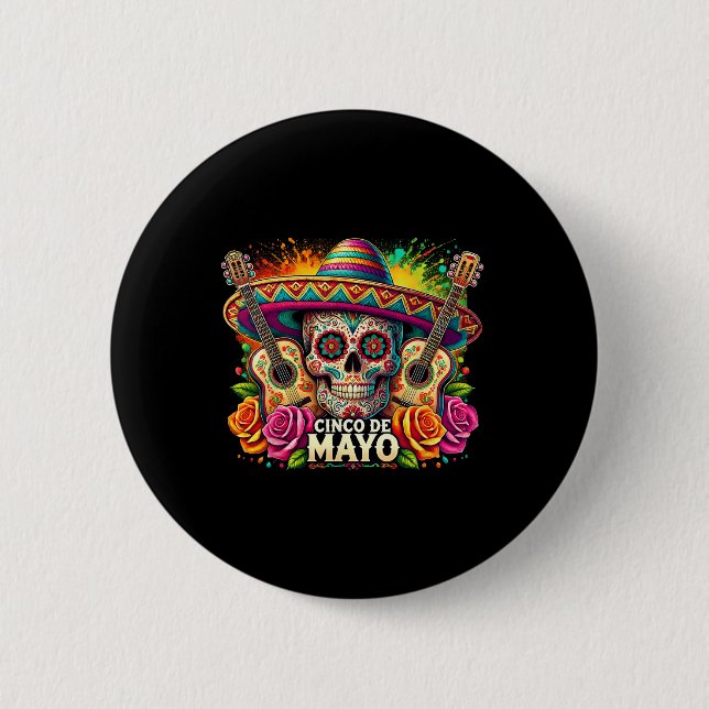 Funny Cinco De Mayo Skeleton Skull Fiesta Sombrero 2 Inch Round Button (Front)