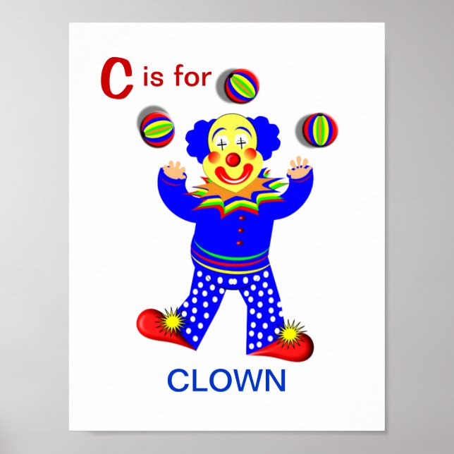 Funny Circus Clown Kids Alphabet Letter C Picture Poster (Front)