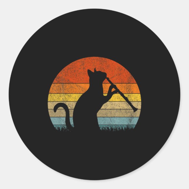 Funny Clarinet Cat Clarinet Player Musician Retro  Classic Round Sticker (Front)