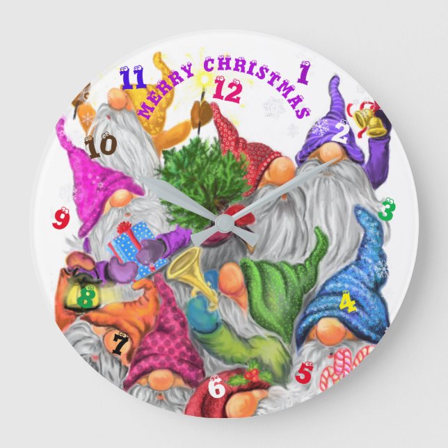 Funny Clock with Christmas Happy Gnome Party (Front)