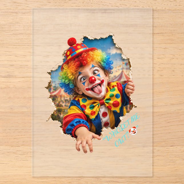 Funny Clown Kid Breaking Out Acrylic Invitations (Front)
