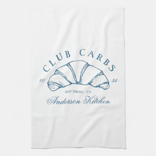 Funny Club Carbs Croissant Hand Drawn Doodle Blue Kitchen Towel