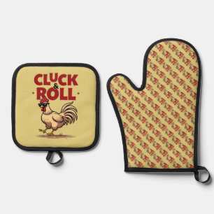 Funny "Cluck & Roll" Cool Rooster Cartoon Design Oven Mitt & Pot Holder Set