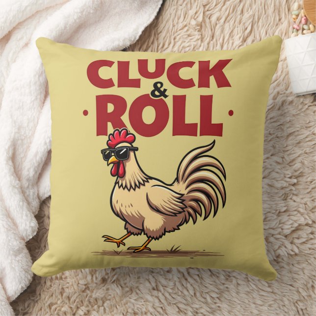 Funny "Cluck & Roll" Cool Rooster Cartoon Design Throw Pillow (Blanket)