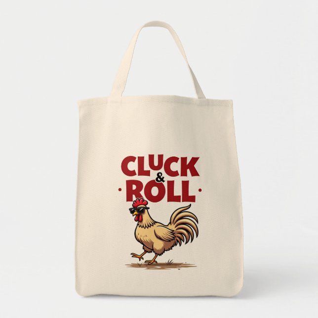 Funny "Cluck & Roll" Cool Rooster Cartoon Design Tote Bag (Front)