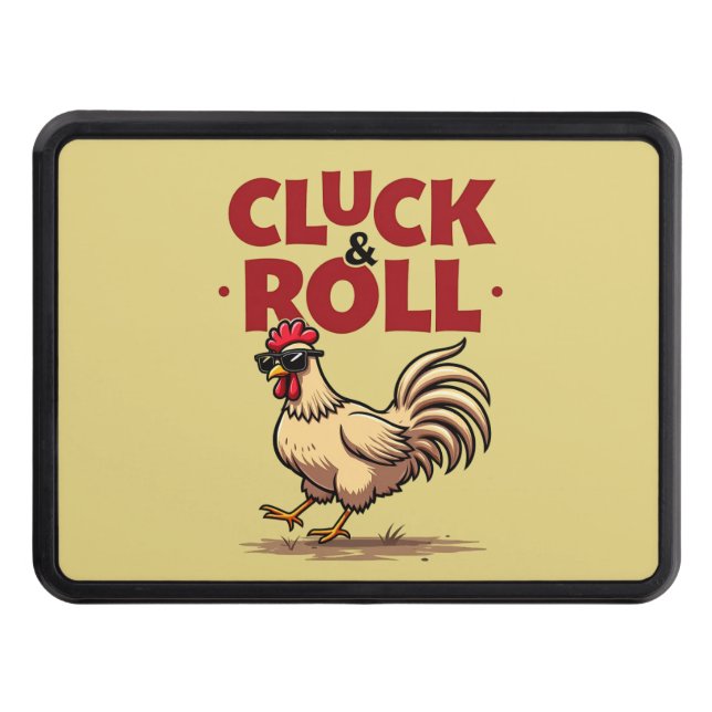 Funny "Cluck & Roll" Cool Rooster Cartoon Design Trailer Hitch Cover (Front)