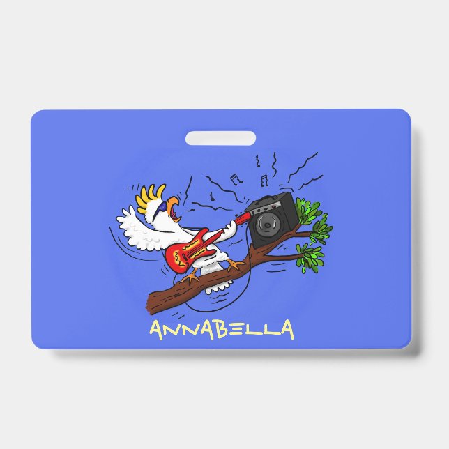 Funny cockatoo playing rock guitar cartoon badge (Front)