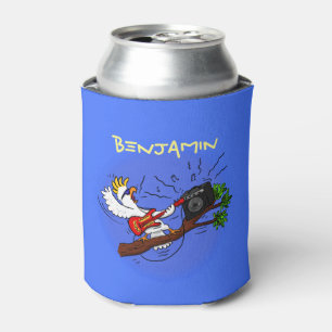 Funny cockatoo playing rock guitar cartoon can cooler