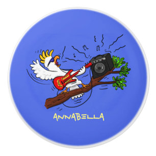 Funny cockatoo playing rock guitar cartoon ceramic knob