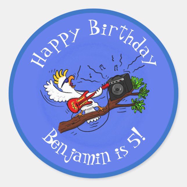 Funny cockatoo playing rock guitar cartoon classic round sticker (Front)