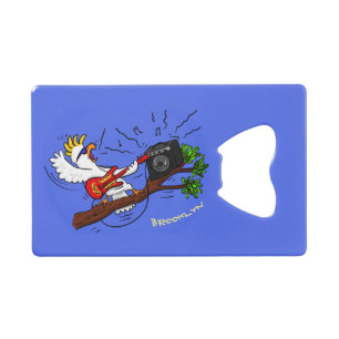 Funny cockatoo playing rock guitar cartoon credit card bottle opener
