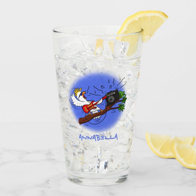 Funny cockatoo playing rock guitar cartoon glass (Back Ice)