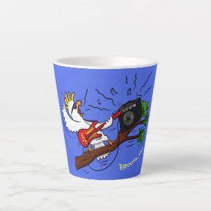 Funny cockatoo playing rock guitar cartoon latte mug