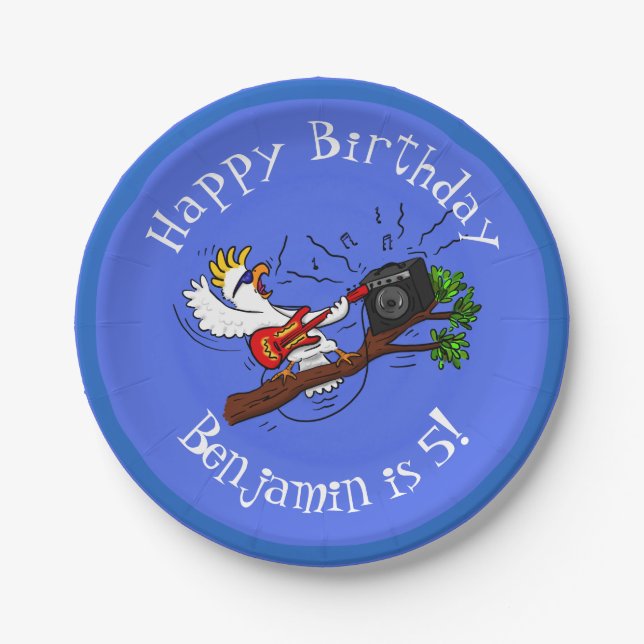 Funny cockatoo playing rock guitar cartoon paper plate (Front)
