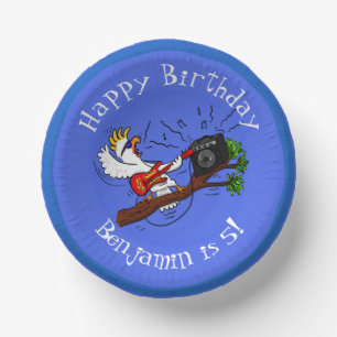 Funny cockatoo playing rock guitar cartoon paper plate