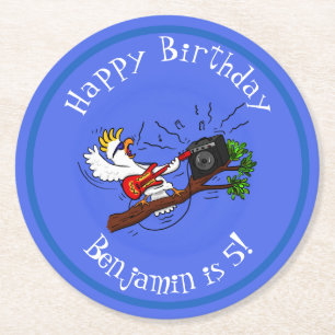 Funny cockatoo playing rock guitar cartoon round paper coaster