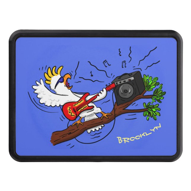 Funny cockatoo playing rock guitar cartoon trailer hitch cover (Front)