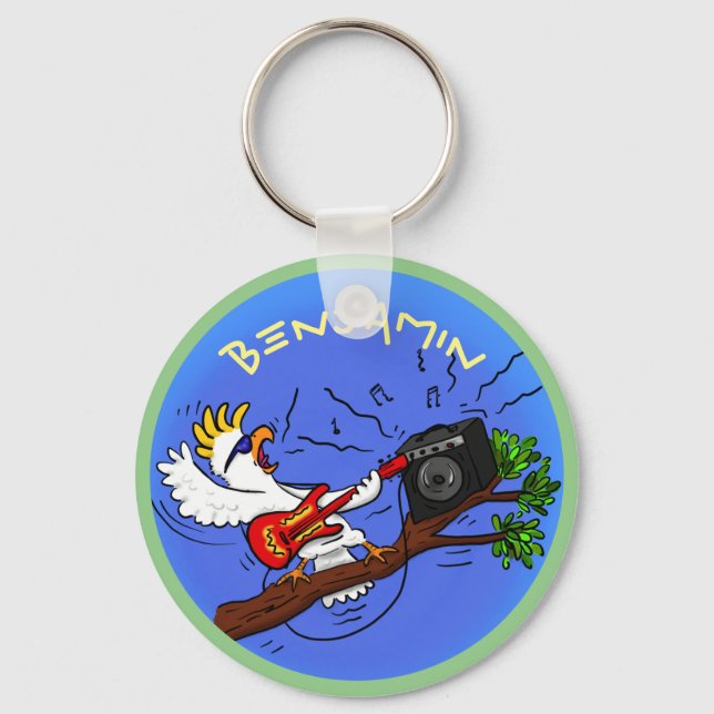 Funny cockatoo rock guitar player cartoon keychain (Front)