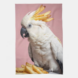 Funny Cockatoo With French Fries Crest Kitchen Towel