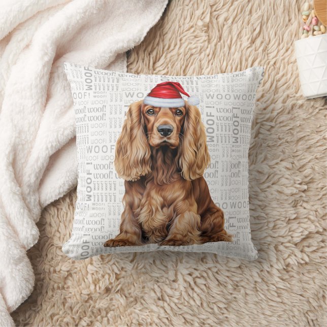Funny Cocker Spaniel Dog Watercolor Christmas Throw Pillow (Blanket)
