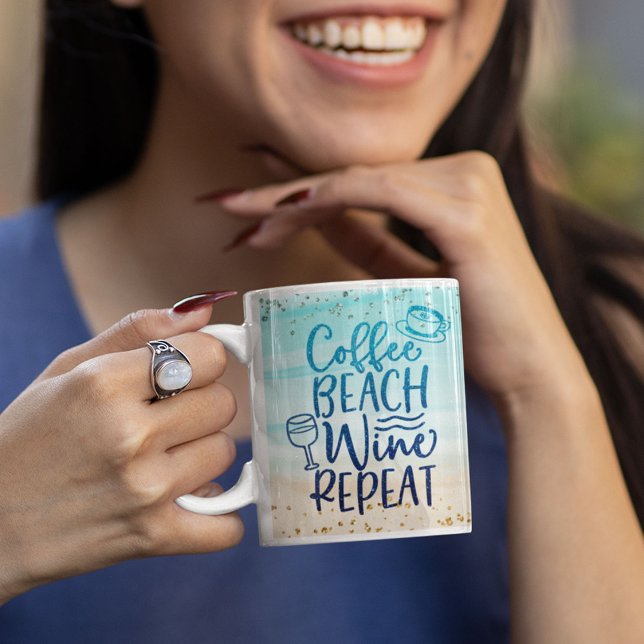 Funny Coffee Beach Wine Repeat Glitter Personalize Coffee Mug (Coffee Beach Wine Repeat Mug)