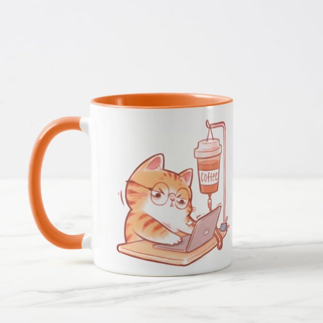 Funny Coffee Cat Mug, Cute Overworked Programmer G Mug (Left)