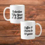 Funny Coffee Cheers 50 Years 50th Birthday Coffee Mug<br><div class="desc">Sip, Smile, and Celebrate 50! Celebrate turning 50 with a mug that’s as bold as your morning coffee! One side features the playful quote “Coffee & Cheers to 50 Years” in a clean black-letter design that keeps it simple and classy. The other side is fully customizable with the birthday star’s...</div>