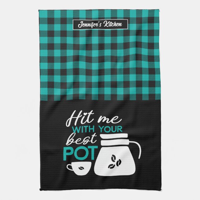 Funny Coffee Lover Caffeine Addict Plaid Pattern Kitchen Towel (Vertical)