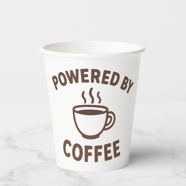 Funny Coffee Mug – “Powered by Coffee” Design Paper Cups (Front)