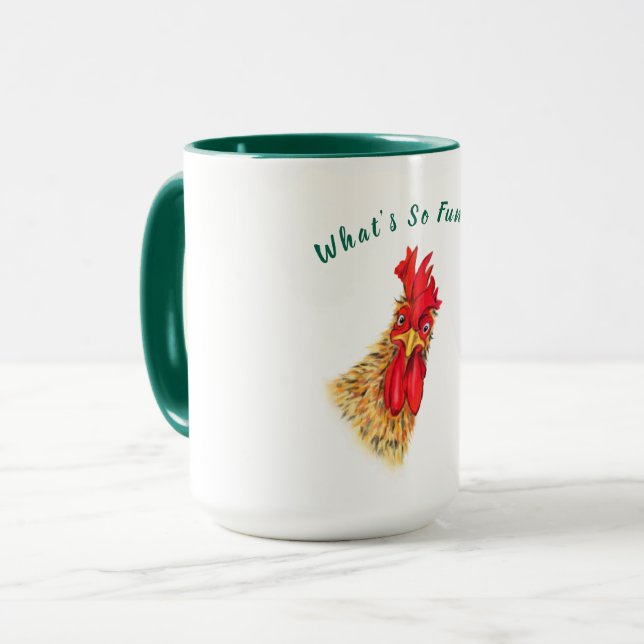 Funny Coffee Mug Surprised Rooster - Custom Text (Front Left)