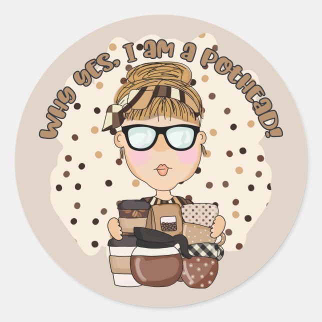 Funny coffee pot head  classic round sticker (Front)