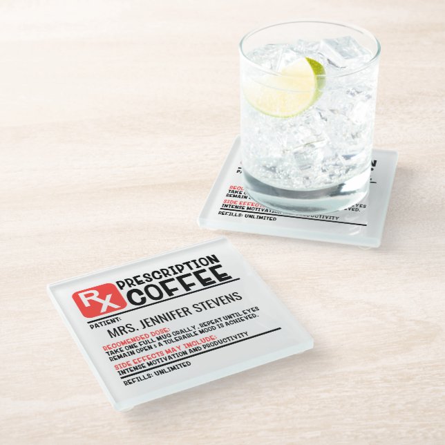 Funny Coffee Prescription Personalized Name Glass Coaster (Angled)