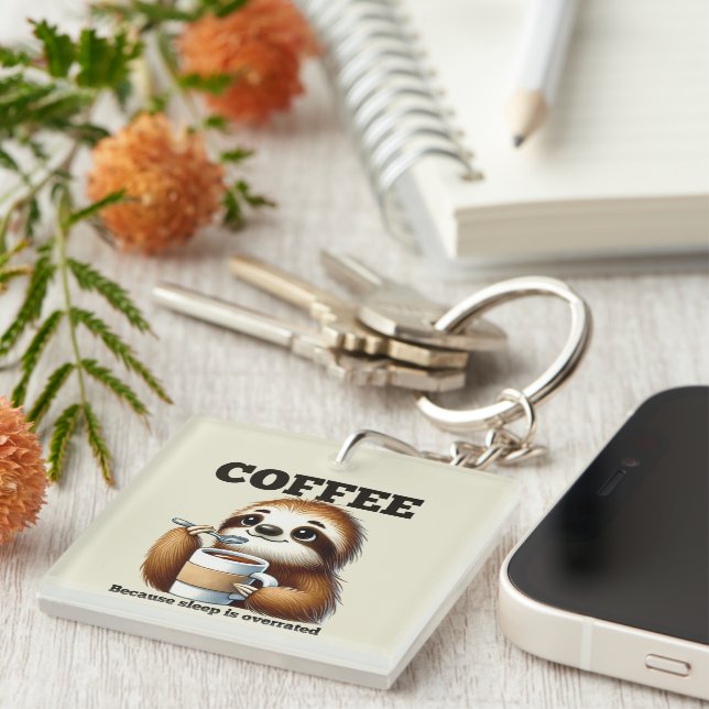 Funny coffee sloth word art  keychain (Front Right)