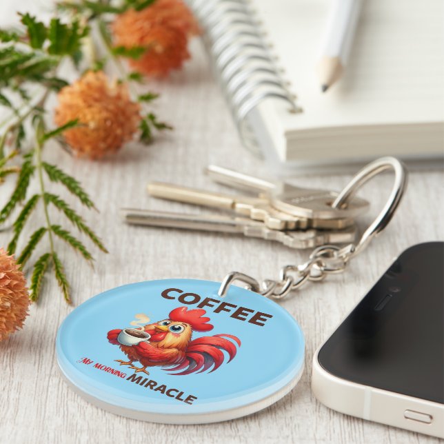 Funny coffee word art rooster  keychain (Front Right)