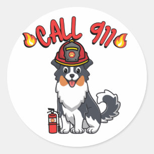 Funny Collie dog is a firefighter Classic Round Sticker