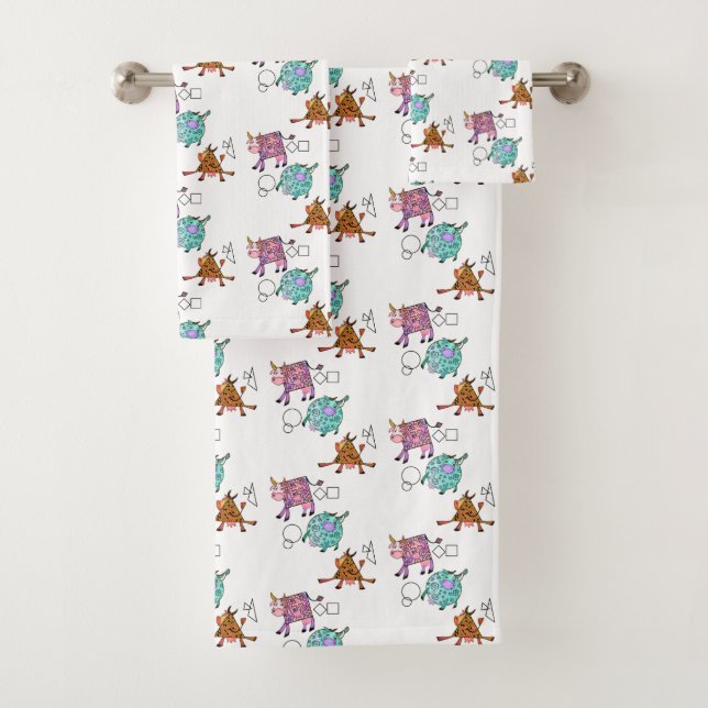 Funny Colorful Geometric Cows Bath Towel Set (Insitu)