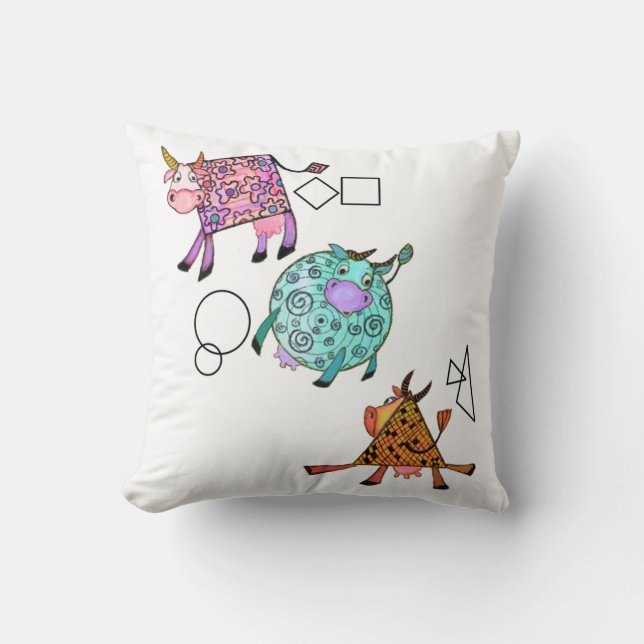 Funny Colorful Geometric Cows Throw Pillow (Front)