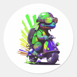 Funny Colorful Turtle On A Scooter Classic Round Sticker