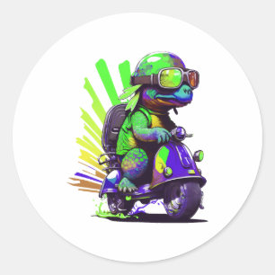 Funny Colorful Turtle On A Scooter Copy Classic Round Sticker