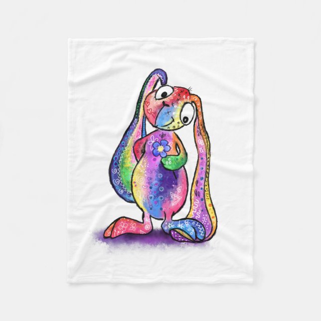 Funny Colourful Bunny Love Flower - Cartoon Drawin Fleece Blanket (Front)