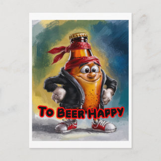 Funny, Colourful Can of Beer very Happy on a Holiday Postcard