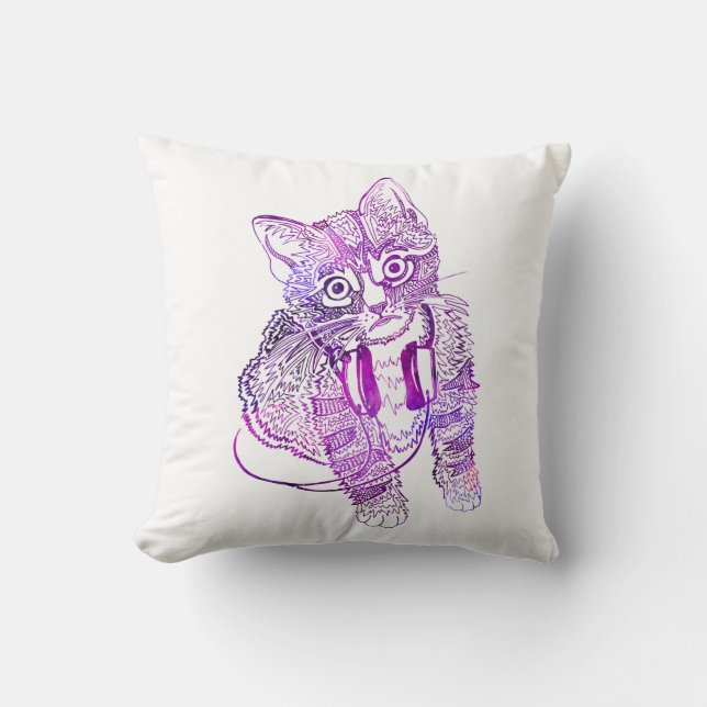 Funny Colourful Cat in Headphones illustration Throw Pillow (Front)