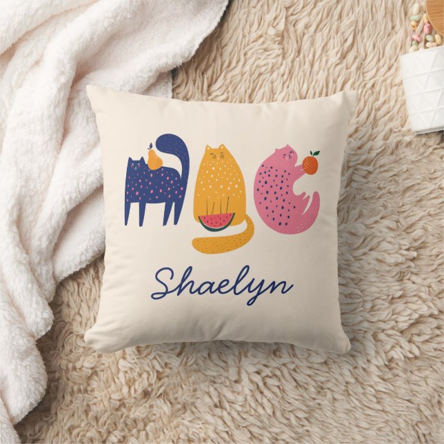 Funny Colourful Cats and Fruit Name Throw Pillow (Blanket)