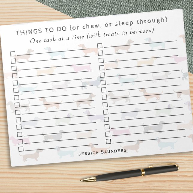 Funny Colourful Dachshund Sausage Dog Things To Do Notepad (A notepad with faded colorful sausage dogs background, custom name, and 'Things to Do' layout)